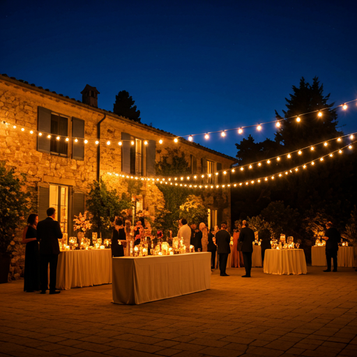 An elegant outdoor evening event with bistro lights above a minimalist reception area, sophisticated floral arrangements and a stone villa beyond.