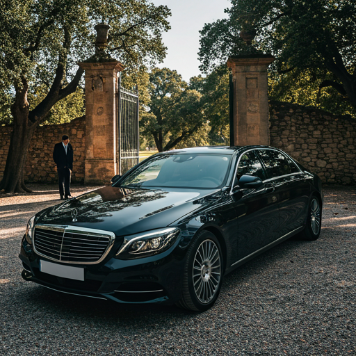 A black luxury sedan parked in front of a historic stone villa gateway under dappled oak light, with a chauffeur in a dark suit nearby.