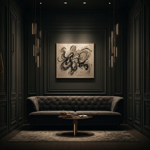 Modern salon with dark charcoal velvet furniture, focused art lighting, and an abstract painting.