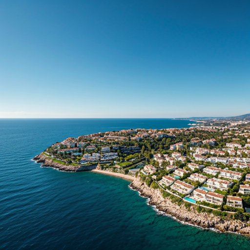 An aerial view of the Golden Mile in Marbella showing lush green estates with white villas and the sparkling blue Mediterranean sea.