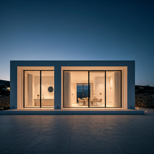 Cinematic architectural shot of a minimalist Mediterranean villa at dusk with floor-to-ceiling glass and warm interior glow.