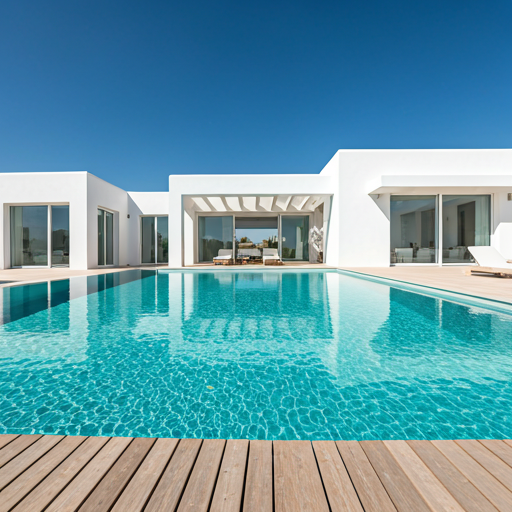 Ultra-modern luxury villa with clean white architectural lines and a turquoise pool.