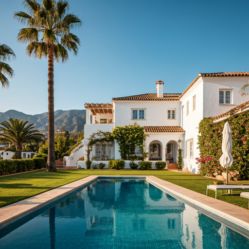 A sprawling Mediterranean villa in Marbella at sunset — white stucco, terracotta tiles, lush gardens and a clear infinity pool.