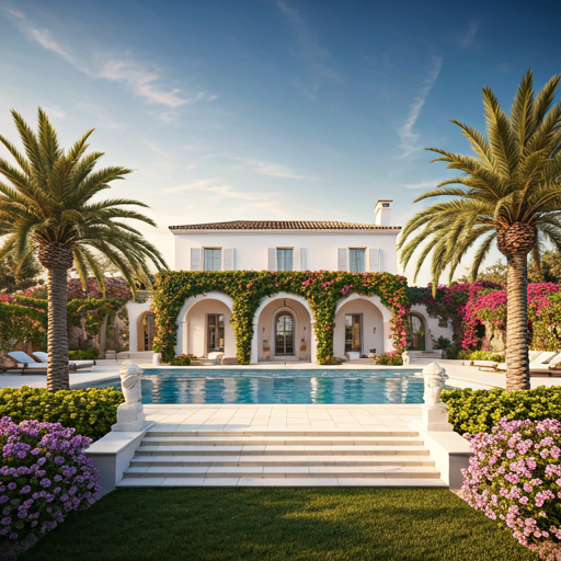 Whitewashed estate with sprawling terraces, palms and bougainvillea in golden hour.