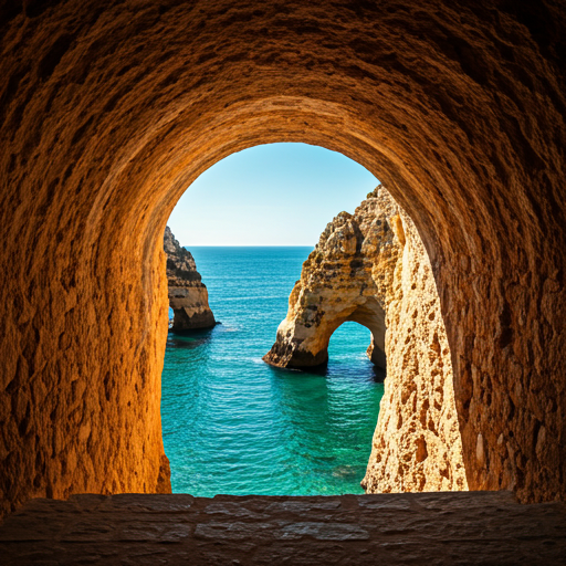 A private cliffside estate in The Algarve overlooking the turquoise Atlantic through limestone arches.