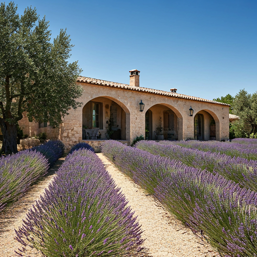 Restored Mediterranean manor with lime-washed walls and weathered terracotta roof amid olive groves and lavender.