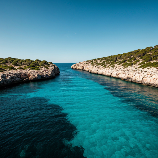 Aerial view of a secluded cove in Menorca with turquoise water framed by rugged limestone cliffs.