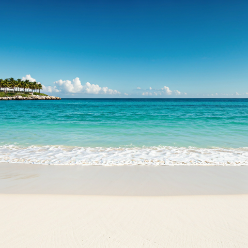 A pristine empty white sand beach with gentle turquoise waves; in the distance a minimalist beach club under palm trees.