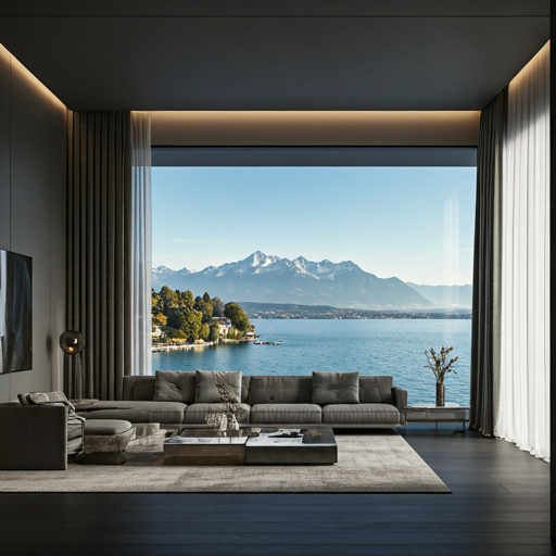 A modern Zürich apartment overlooking the lake — floor-to-ceiling windows, alpine view, charcoal and cashmere palette.