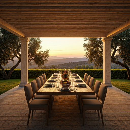 A long wooden dinner table set under a rustic pergola at sunset in a Mediterranean villa, surrounded by olive trees.