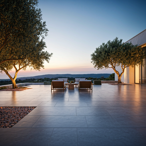 Luxury terrace framed by olive trees with a distant coastline view in soft morning light.