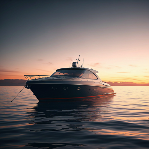 A private dock with a luxury Riva boat moored in evening light, the water still and reflecting soft city lights.