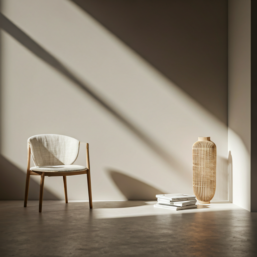Serene indoor-outdoor living space with a linen chair, ceramic vase, and a shaft of morning sunlight on polished concrete.
