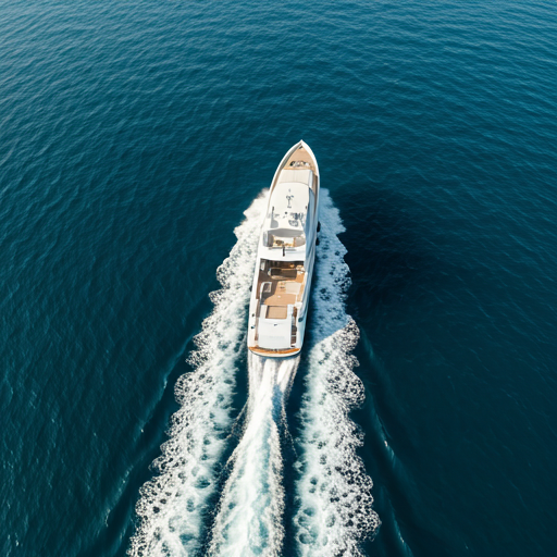 A minimalist white luxury yacht cutting through deep turquoise Mediterranean waters, leaving a soft wake under bright sun.
