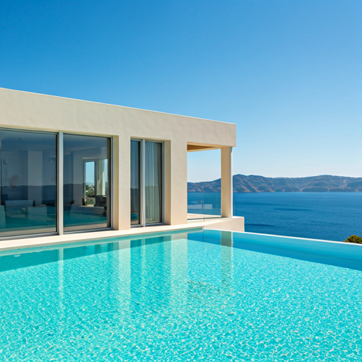 Minimalist cliff-edge villa with infinity pool merging into the horizon at golden hour.