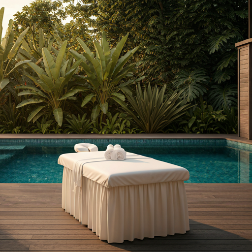 A serene outdoor spa setting at a luxury villa — massage table draped in white linen beside a tranquil infinity pool in soft morning light.