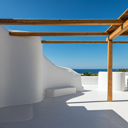 A minimalist Ibiza retreat — whitewashed walls, organic wooden beams, sharp natural shadows under the Mediterranean sky.